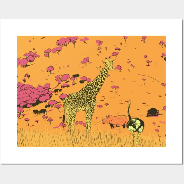 Giraffe, rhinoceros,ostrich in the savannah Wall Art by Mimie20